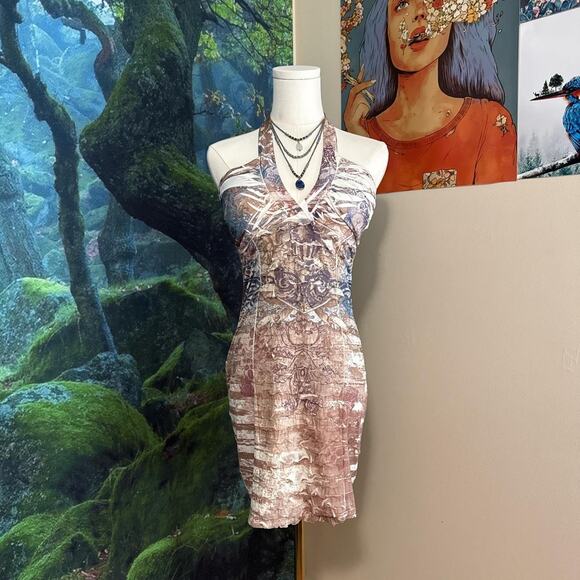 y2k abstract ruched halter bodycon mini dress joyce leslie size L - Picture 1 of 8